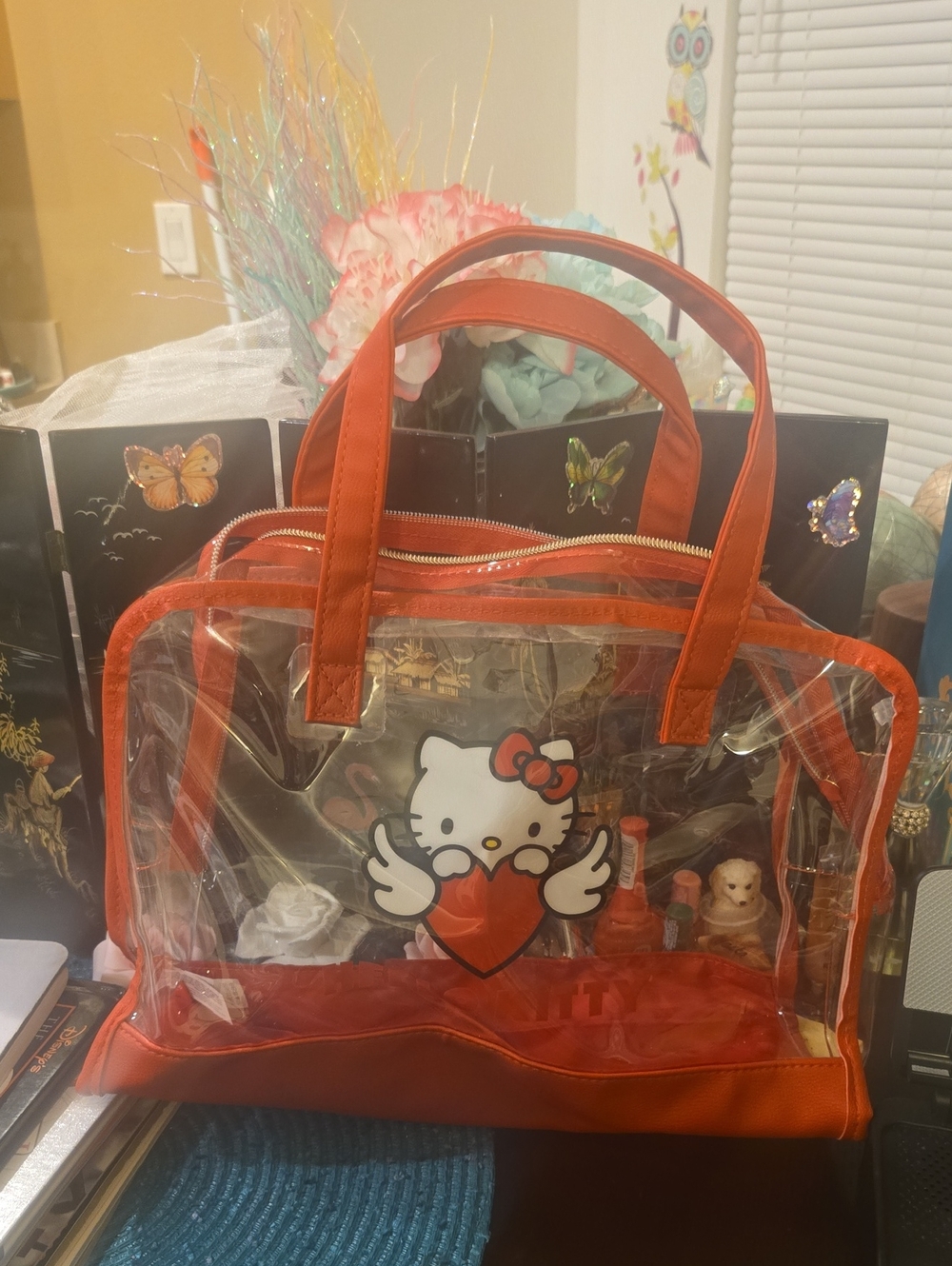 Hello Kitty Clear Tote Bag with Red Trim and Heart Graphic